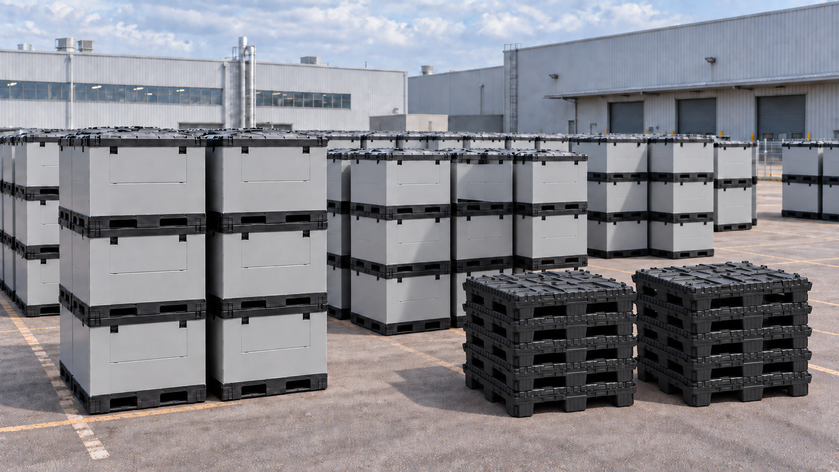 Assembled HEXAPAK containers stacked outdoors without racks, beside compact stacks of folded containers in the same factory yard.
