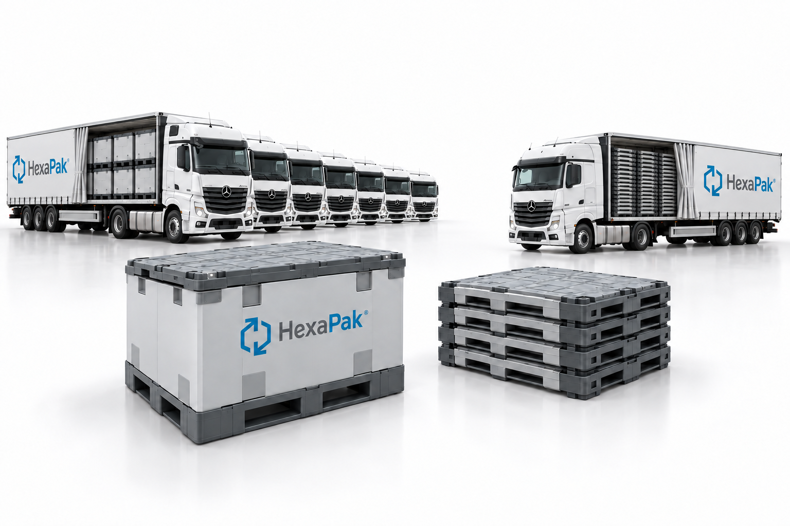 Seven outbound HexaPak trucks and one return truck with half-open curtains: upright containers are loaded on the outward journey, and compact folded stacks are loaded for return. An assembled container and a folded stack show the difference in height.